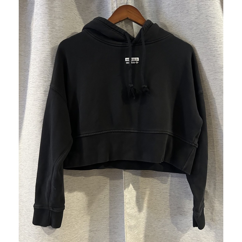ADIDAS CORPPED HOODIE WOMEN SIZE‎ Small BLACK TREFOIL LOGO CHEST